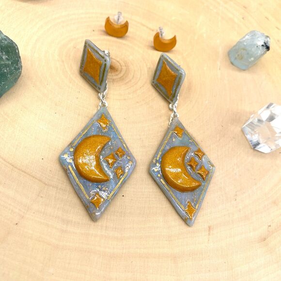 Blue Celestial Moon Polymer Clay earrings - Picture 2 of 11